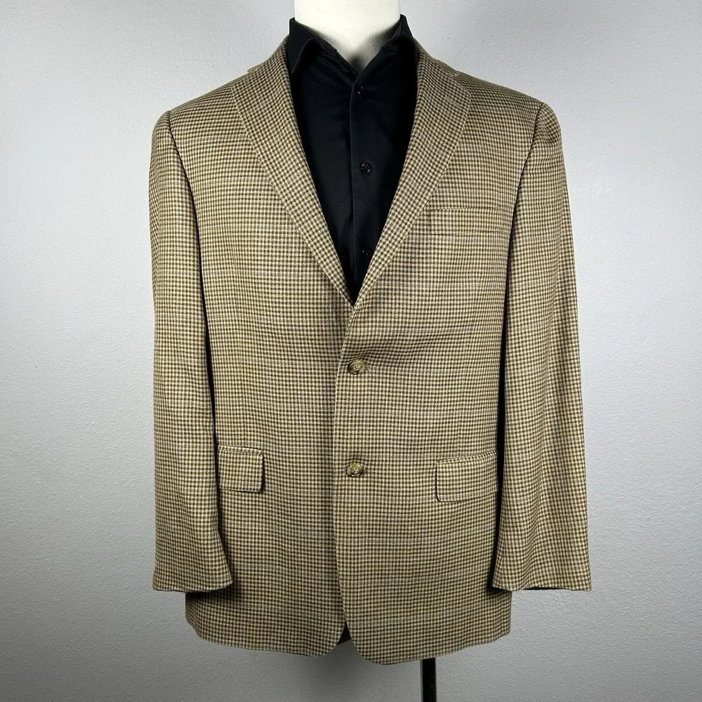 Hart Schaffner Marx 42R Houndstooth Sport Coat Blue Overcheck 2 Button Wool Look